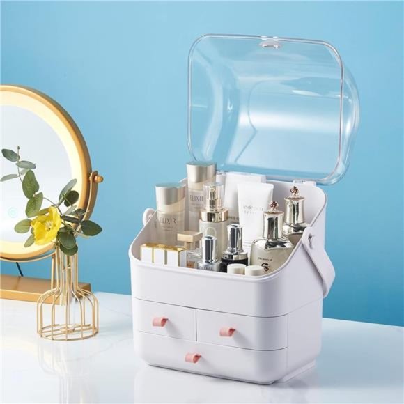 Makeup Organizer Holder Cosmetic StorageBox with Dust Free Cover Portable Handle - Picture 5 of 7